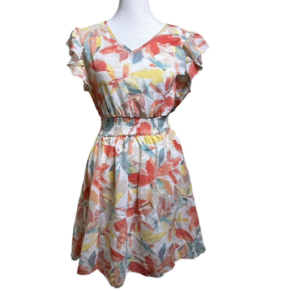 Womens Floral Print V Neck Butterfly Sleeve Smocked A Line Dress Small
